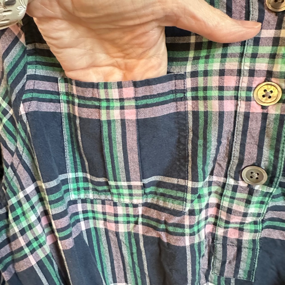 Lands' End Shirt Dress Women 14P Blue Green Plaid Cotton Drawstring Waist Pocket - Picture 7 of 11